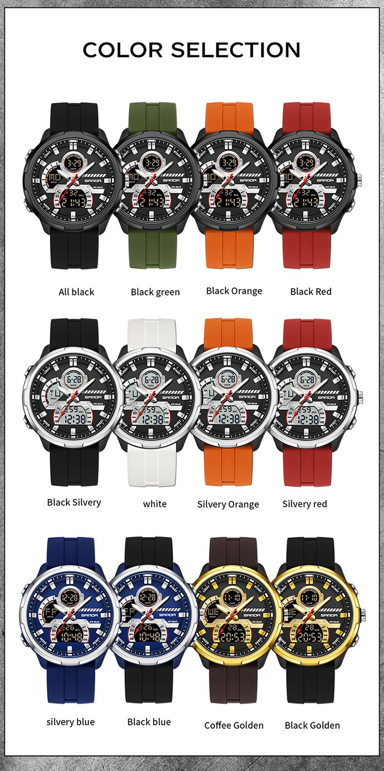 Men's Sport Watch With Dual Time, Stopwatch, Alarm & Waterproof - Digital Analog Display, Silicone Strap, 50m Water Resistance Men's Watch_voghion.com