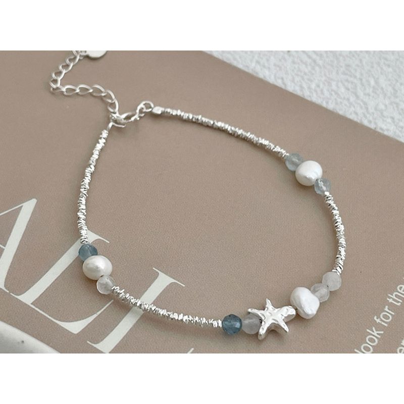 Women’s Summer Starfish Natural Pearl Charm Bracelet - Niche Fresh Design With Fragmented Silver & Aquamarine Accents_voghion.com