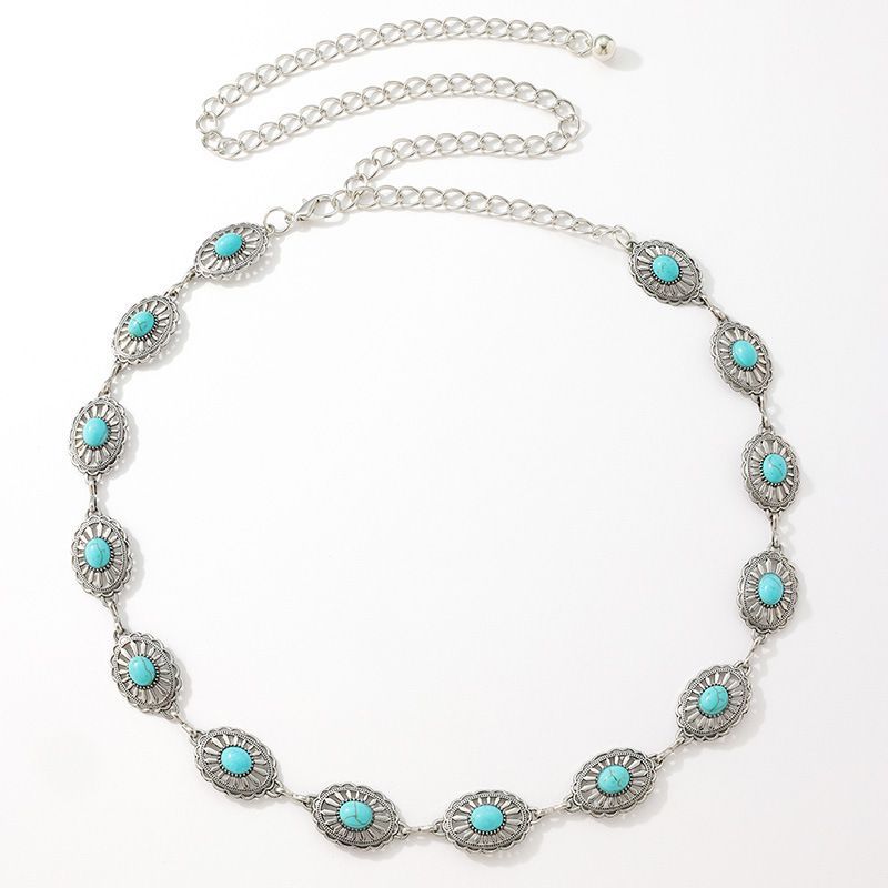 Cintura da donna in stile bohémien con catena in metallo fine turchese cava e perle intarsiate_voghion.com