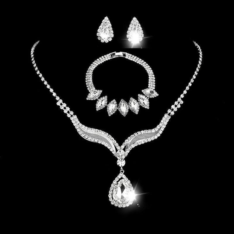 Set di gioielli da sposa da donna - Elegante collana con clavicola e orecchini in zircone e bracciale (per sposa, per feste serali, catena da 16-18 pollici, confezione regalo di lusso)_voghion.com