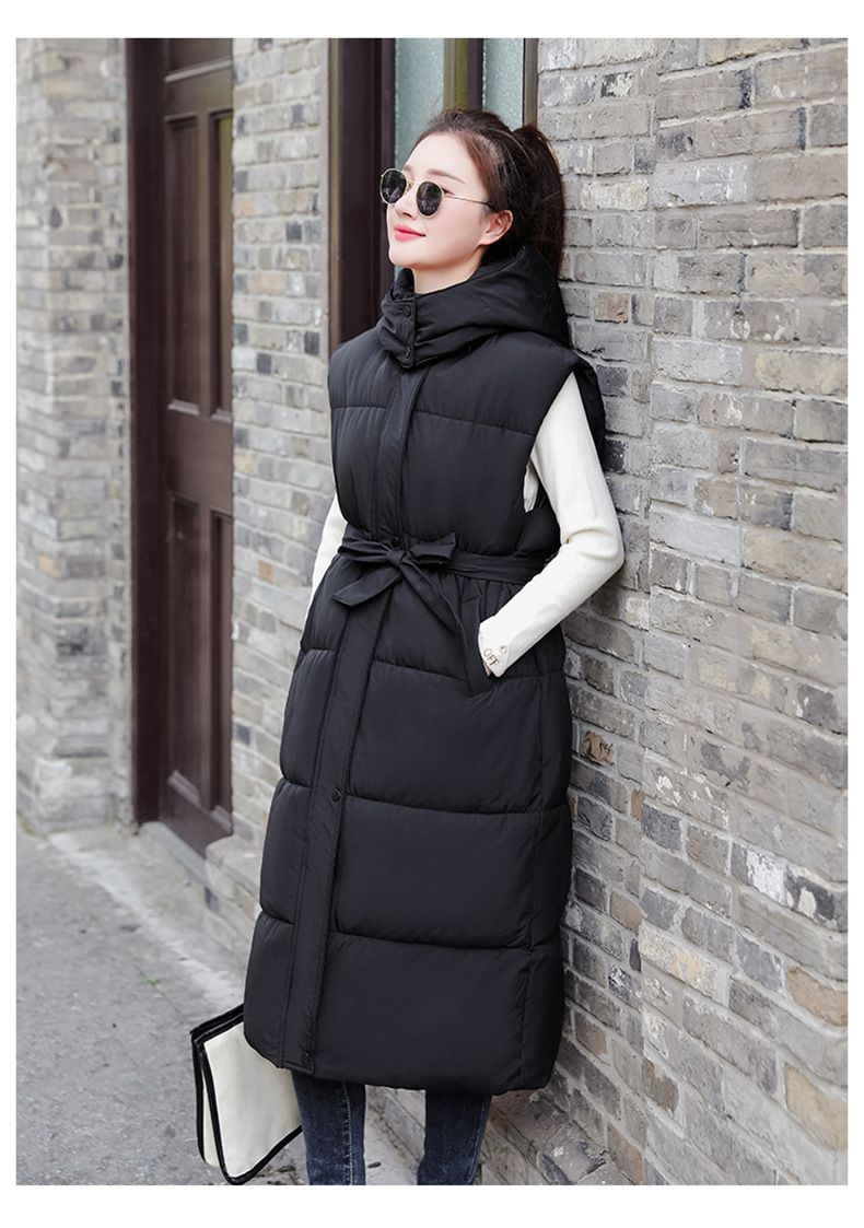 Gilet long à capuche et ceinture pour femme, veste matelassée légère, coupe ample et décontractée pour l'hiver, noir/blanc/kaki_voghion.com