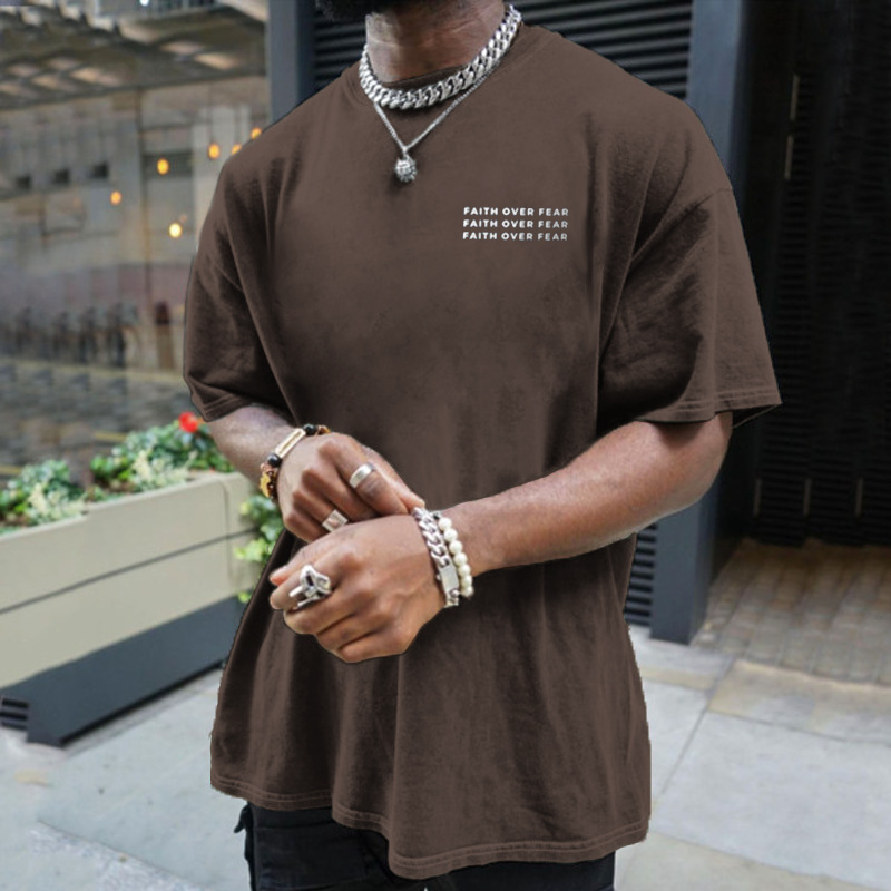 Men's Summer Plus Size Men's Simple "FAITH OVER FEAR" Printed Crew Neck T-shirt_voghion.com
