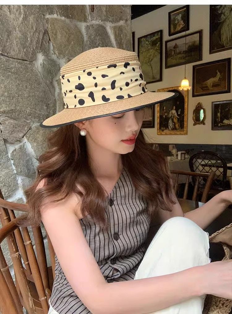 Cappello a cilindro elegante da donna, con parte superiore piatta in paglia con fettuccia a pois, per spiaggia, mare, protezione solare_voghion.com