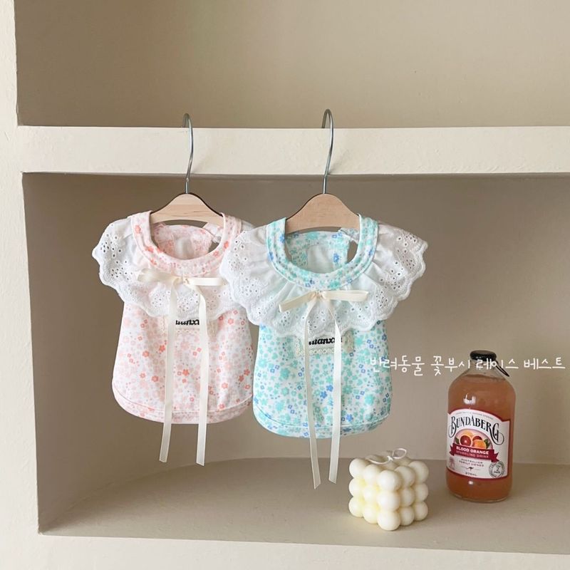 25 Korean Style INS Spring Summer Pet Home Cotton Floral Lace Vest Cat Small Dog Clothes_voghion.com