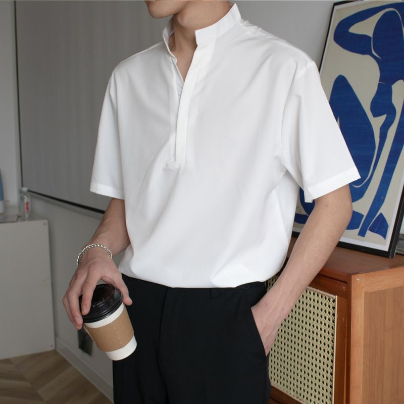Polo da uomo con colletto alto di alta qualità - Maglia casual a maniche corte in seta ghiacciata leggera_voghion.com