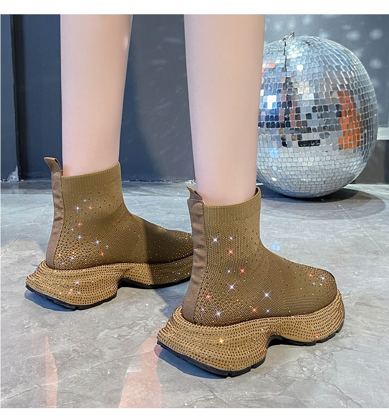 Gestrickte Sockenstiefel für Damen mit Strasssteinen, Slip-On-Sneakers mit dicker Sohle, atmungsaktive, elastische High-Top-Booties für Sommer, Frühling und Herbst_voghion.com