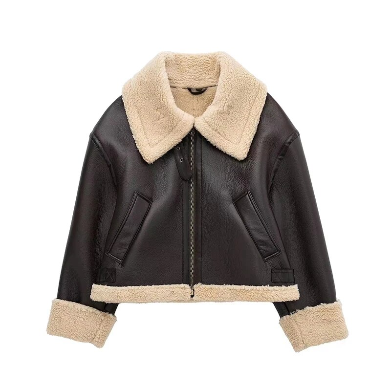 2022 Winter New Coat Women Double Sided Short Jacket Vintage Long Sleeve Fleece Warm Outerwear Female Fashion Streetwear_voghion.com