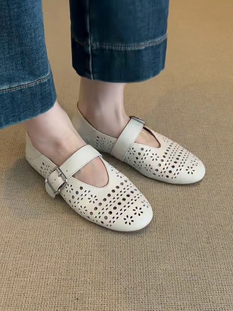 Lan Cabinet Edition ~ Ultra Soft Leather Hollow Strap Mary Jane Shoes Flat Breathable Shallow Ballet Flats_voghion.com