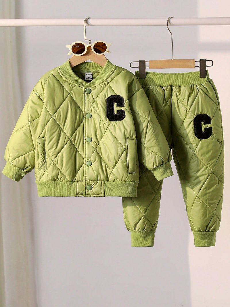 Giacca invernale in cotone a forma di diamante in stile baseball, completo di pantaloni caldi di alta qualità per autunno e inverno, set da due pezzi_voghion.com