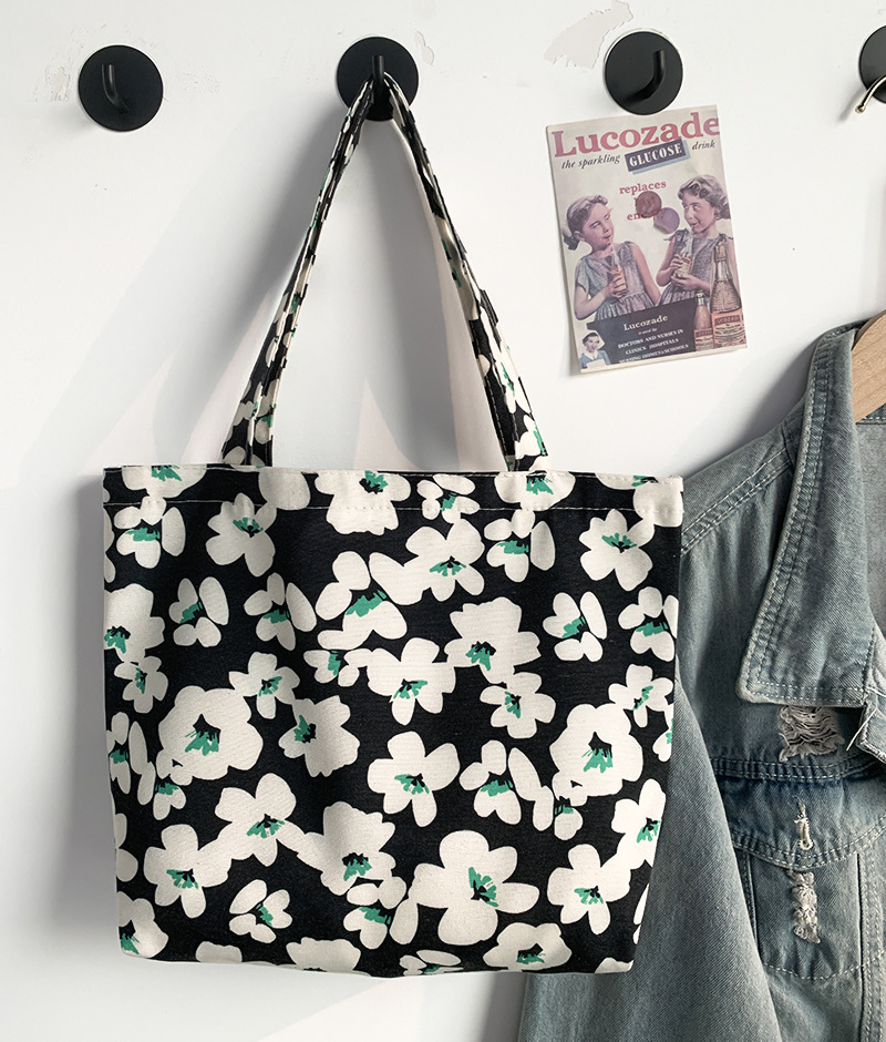 Piccola borsa da trasporto portatile in plaid da pranzo floreale letterario e fresco, borsa in stoffa da passeggio_voghion.com