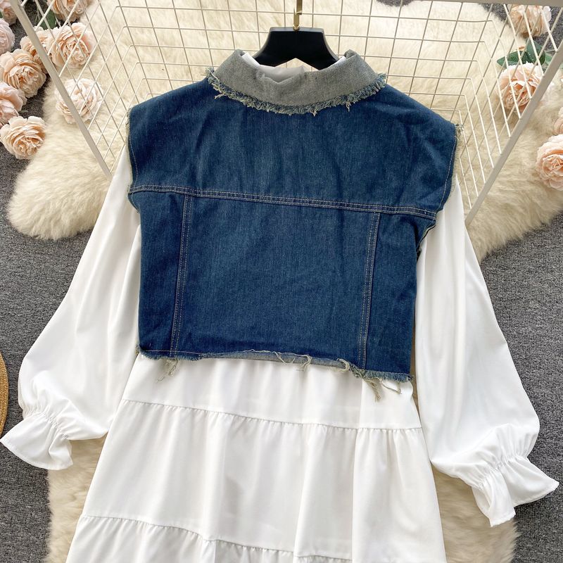 populära tvådelade kostymer, koreanska damkläder, designjacka i jeansväst, mångsidig babydollkjol, fashionabla tvådelade kostymer_voghion.com