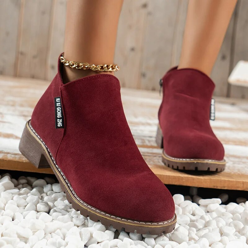 SHLIANG Herbst Seitlicher Reißverschluss Kurze Stiefel Weibliche Niedrige Stiefel Rutschfeste Frosted Wildleder Schuhe Frauen Stiefelette s0267_voghion.com
