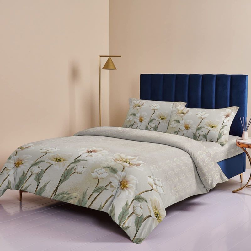 Zestaw pościeli Retro White Floral, trzyczęściowy, poszewka na kołdrę, miękki poliester, faktura frezowanego aksamitu_voghion.com