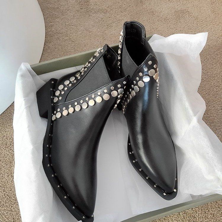 Stivaletti alla caviglia snellenti con tacco grosso e rivetti, punta affilata, per autunno e inverno_voghion.com