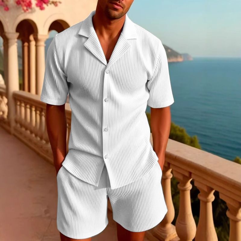 Men's Sports Suits Spring And Summer New Striped Lapel Short Sleeved Shorts Two Piece Suits_voghion.com