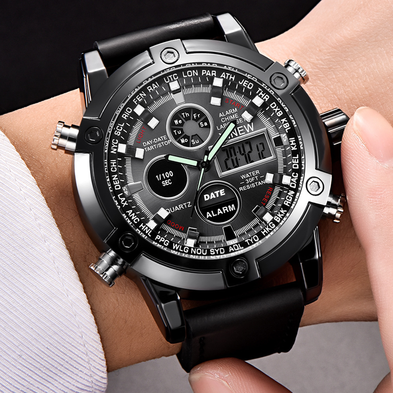 Men's Sport Watch With Analog-Digital Display, GMT Function, Date & Week Indicator, Luminous Hands, PU Leather Strap, Alloy Case_voghion.com