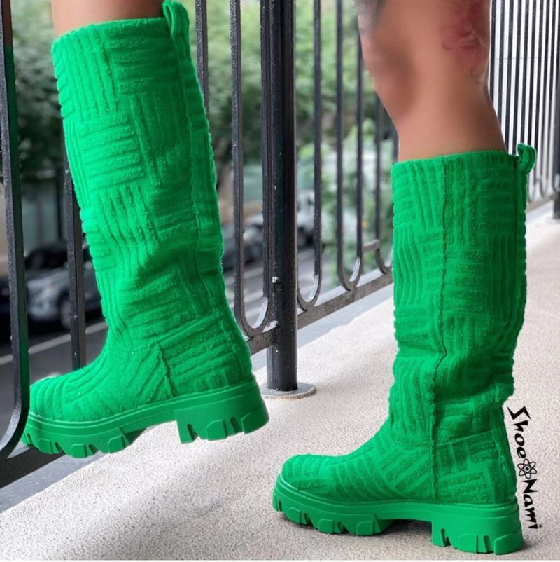 Neue Plateaustiefel mit Blockabsatz und warmer Wadenlänge aus Handtuchbaumwolle für Damen, Motorradstiefel_voghion.com