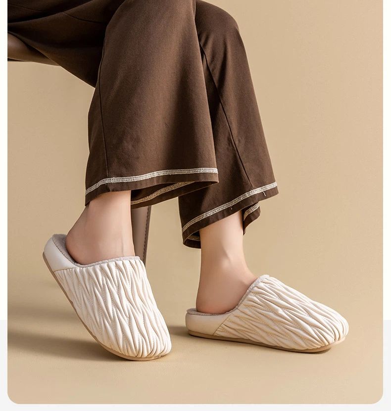 Wrinkled Cotton Slippers For Women, Autumn And Winter, Indoor Home, Anti Slip, Waterproof, Warm, Home With Velvet Leather Slippers For Men_voghion.com