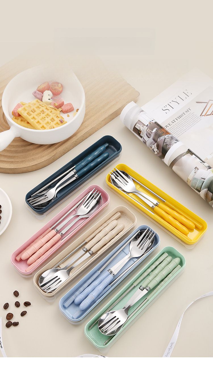 Weizenstroh Edelstahl Tragbares Geschirr Essstäbchen Löffel Gabel Dreiteiliges Set Für Studenten Erwachsene Reisekantine_voghion.com