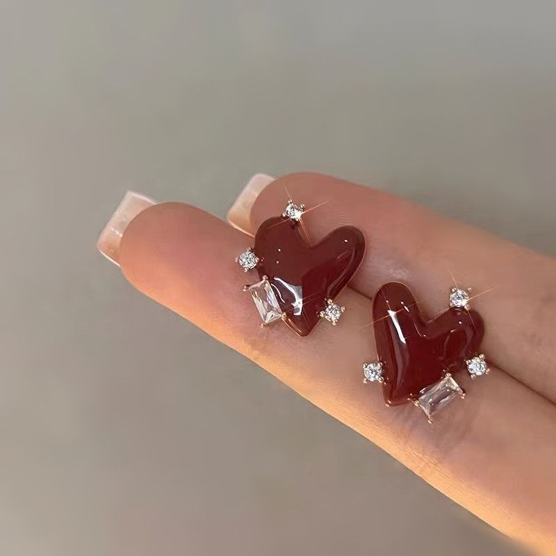 Orecchini di garofano di tendenza coreana - Cuore rosso da donna, retrò, cristallo, personalizzati, pesca, orecchini, regali di compleanno,_voghion.com