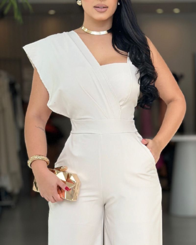 Women's Clothing Solid Color One Shoulder Off Shoulder Commuter Casual Jumpsuit_voghion.com