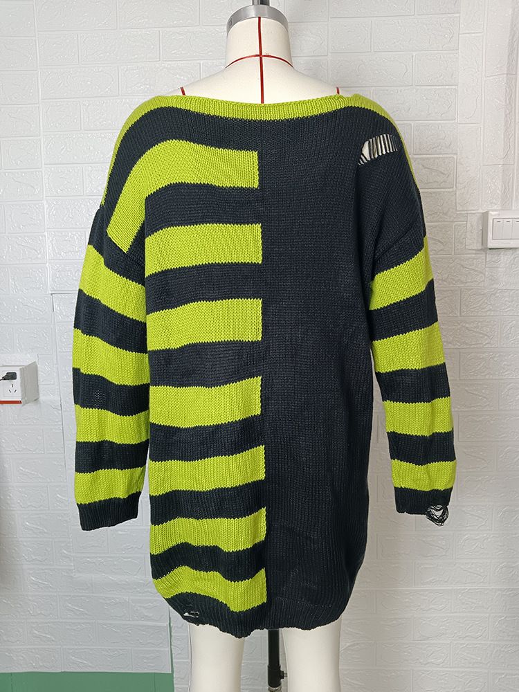 Halloween Punk Hole Long For Women's Fashion Loose Striped Contrasting Pullover Sweater_voghion.com
