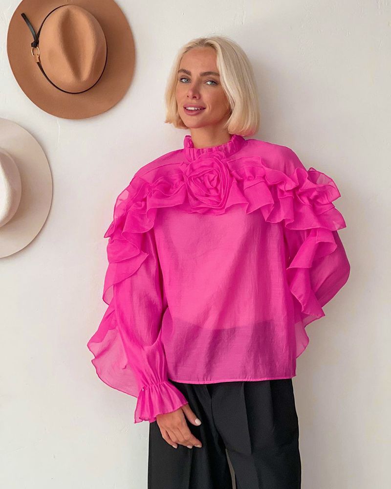 Damenkleeder Temperament Mesh Pullover mat klengem Stand-up Kraang a Schichten a Rüschen_voghion.com
