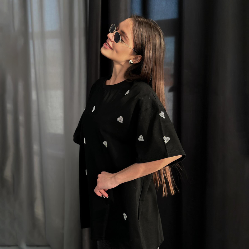 women's Fashionable loose fitting half with shoulder drop in 2024 summer Instagram style heart hot diamond basic round_voghion.com