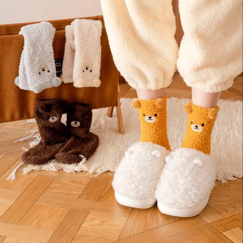 Calcetines abrigados y esponjosos de invierno para mujer, calcetines para dormir en el suelo del hogar, oso Kawaii 3D, lindo Animal, calcetines gruesos de lana, moda japonesa_voghion.com