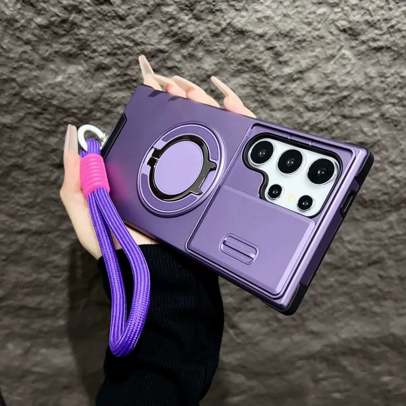 Armor Magnetic Bracket Case For Samsung Galaxy S25 S24 S23 S22 S21 Ultra Plus With Lanyard Slide Camera Protect_voghion.com
