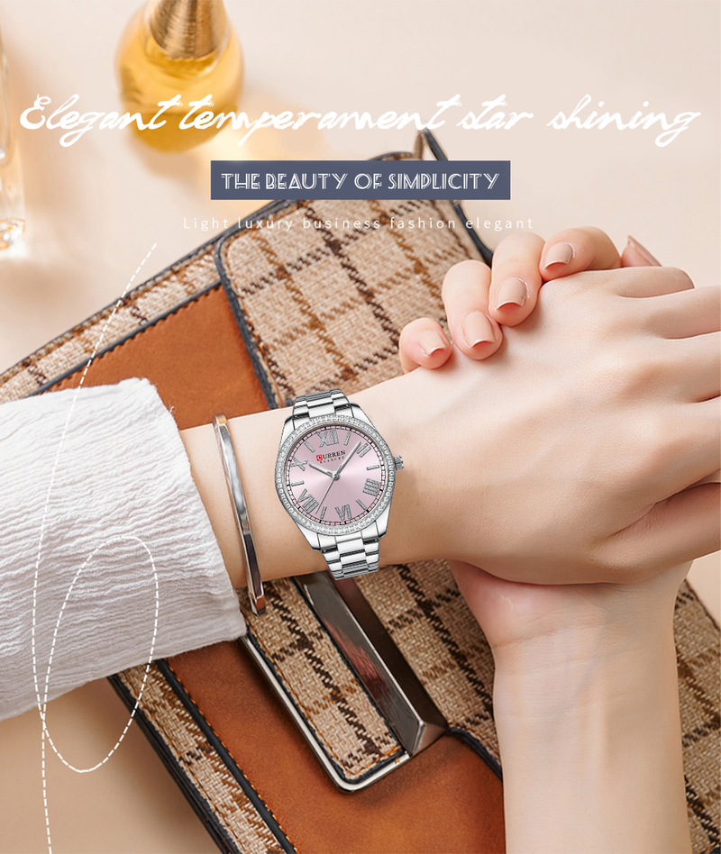 CURREN orologio da polso da donna al quarzo di lusso quadrante con strass elegante orologio in acciaio inossidabile con puntatore luminoso_voghion.com