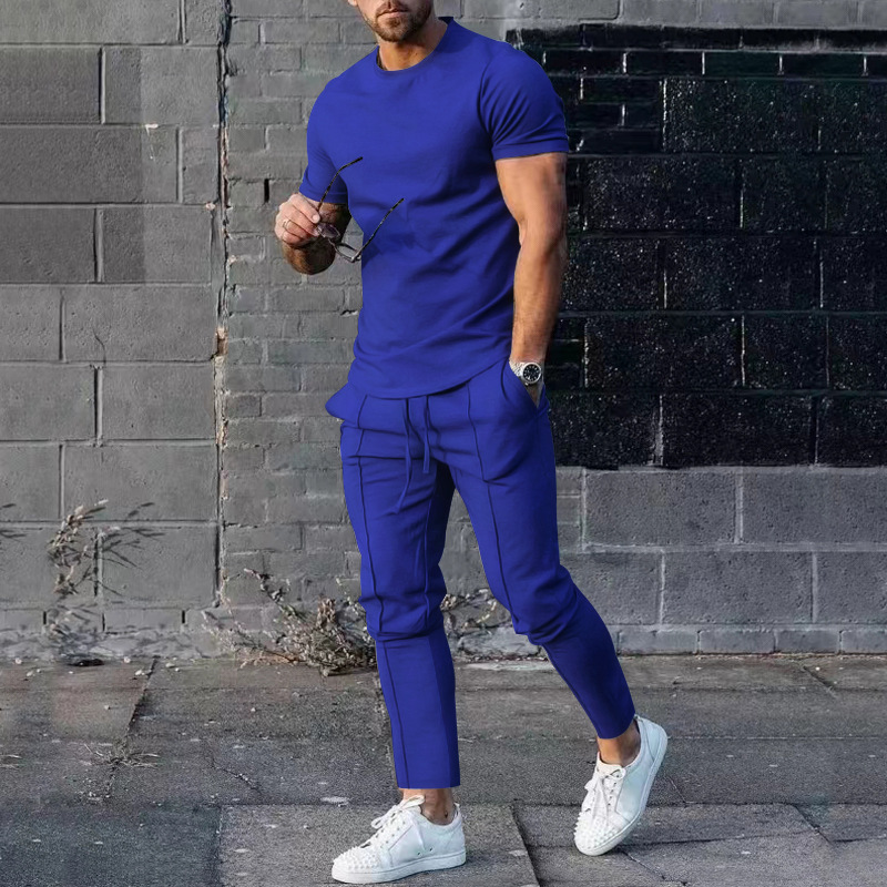 Men's Solid Color Casual Round Neck Short Sleeve Sports T Two-piece Suit_voghion.com