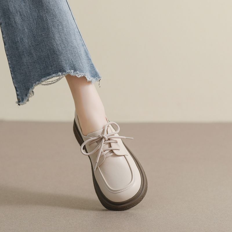 Schwarze, kleine Lederschuhe zum Schnüren, Plateau-Loafer im College-Stil für Damen, Retro-Einzelschuhe mit weicher Sohle_voghion.com
