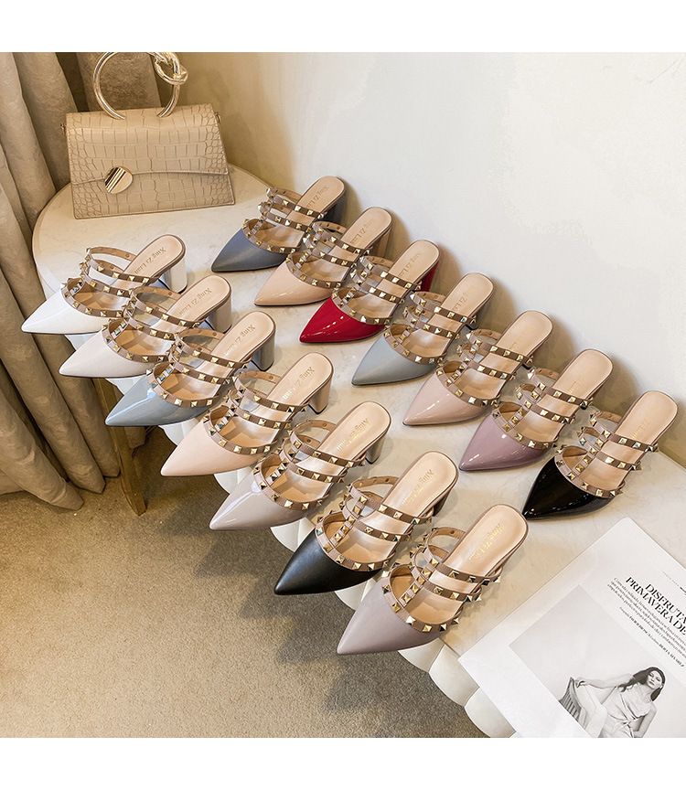 Spitz zulaufende Pantoletten mit offener Zehenpartie und Nieten für Damen, vielseitige Sandalen mit klobigem Absatz_voghion.com