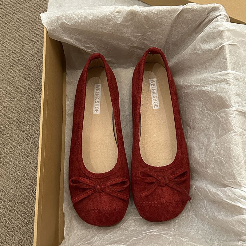 Retro Ballet Flat-soled Red Light-mouth Single Shoes Women's Suede Gentle Soft-soled Doudou Shoes One-pedal Ladyshoes_voghion.com