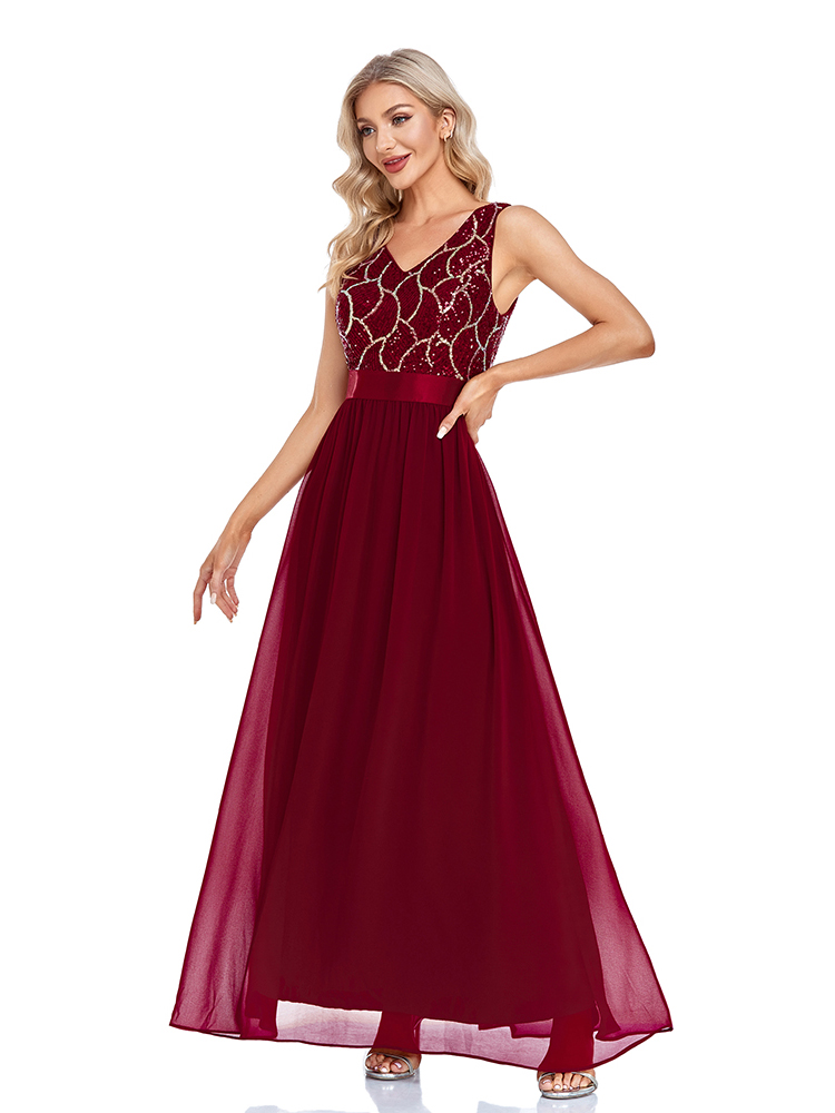 Vestido De noche De chifón De corte A con escote en V para mujer, sin mangas, Formal, De ocasión, largo, con flores De lentejuelas, color burdeos, vestidos De Soriee_voghion.com