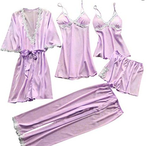 Women's sexy five-piece pajamas for women summer mid-sleeve bridal dressing gown large size home wear nightgown bathrobe wholesale_voghion.com