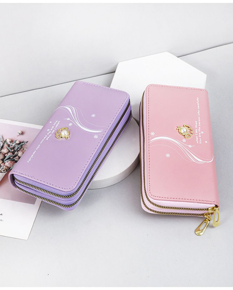 Portefeuille pour femme, porte-cartes, double fermeture éclair, long portefeuille, grande capacité, pochette de poignet, imprimé perles, sac pour téléphone portable_voghion.com