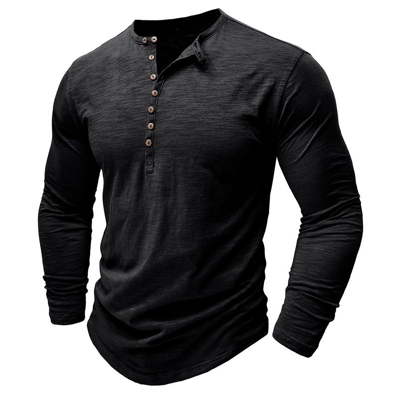 2025 Langarm Herren Top Frühling Herbst Bambus Baumwolle Einfarbig Knopf Henley Shirt Männer_voghion.com