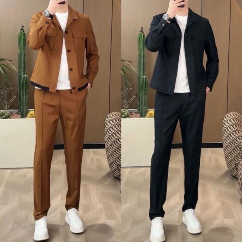 Abbigliamento casual da uomo, completo giacca e pantaloni in maglia dal taglio rilassato - Comodo abbigliamento da casa foderato in pile (cammello/nero, stile casual oversize)_voghion.com