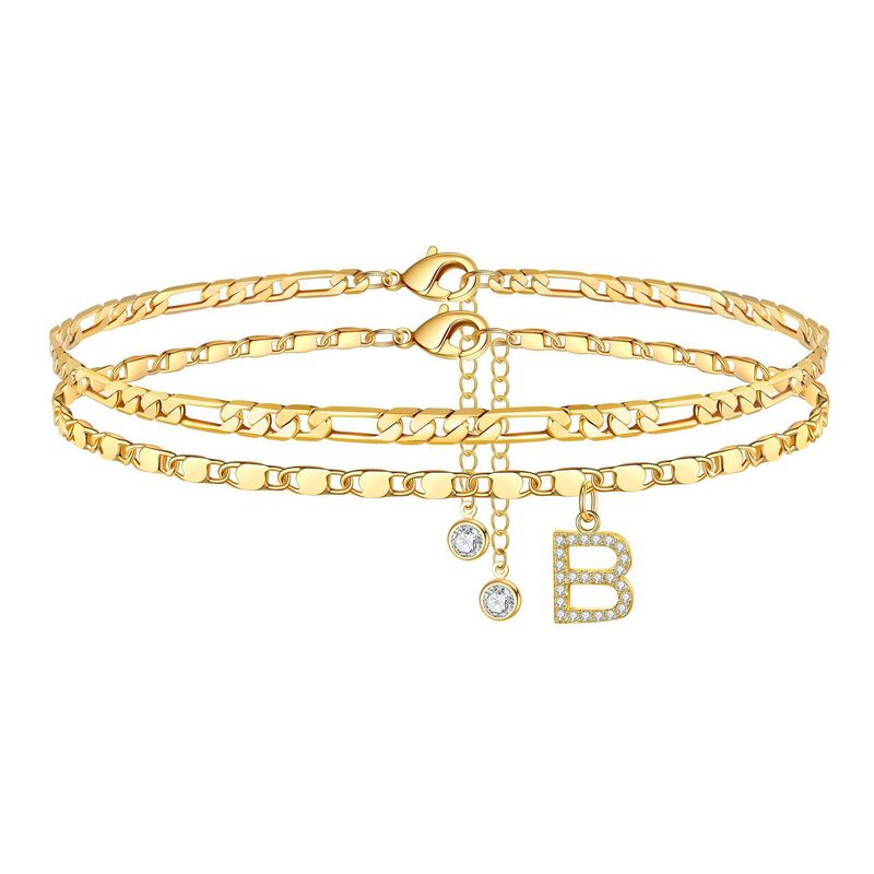 New Bohemian Zircon 26 Letters Copper Plated 14k Gold Figaro Chain Double Layer Stacked Anklet_voghion.com
