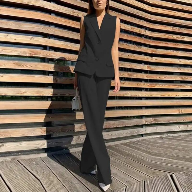 Kadın Giyim Moda Takım Elbise Yaka Yelek Yelek Geniş Paça Pantolon Günlük Takım Elbise_voghion.com