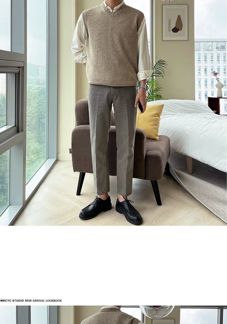 Maglione lavorato a maglia senza maniche, tinta unita, gilet da uomo, scollo a V, maglietta base alla moda_voghion.com