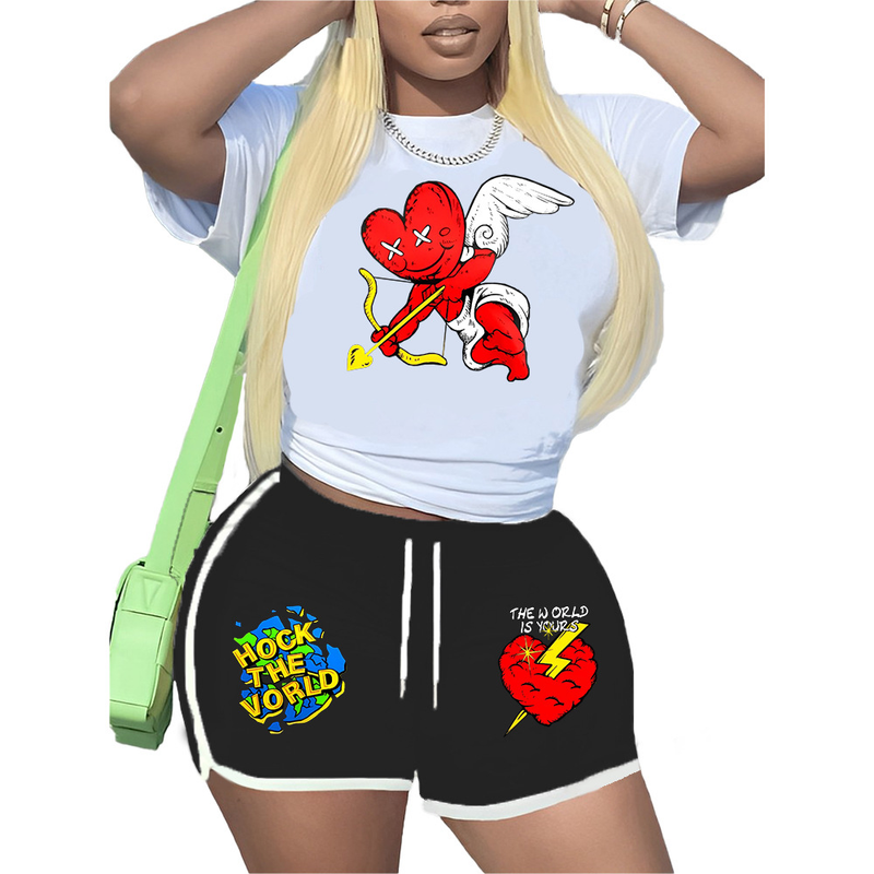 Bedruckter T-Shirt-Shorts-Trainingsanzug für Damen_voghion.com