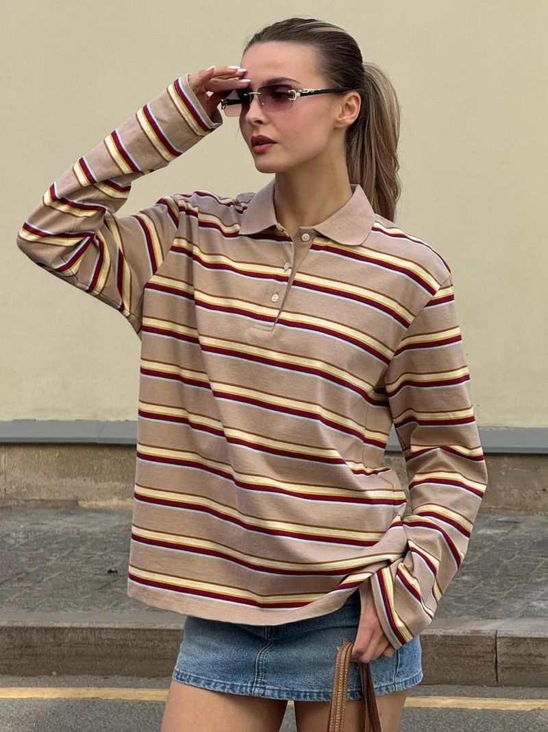 Polo a righe a maniche lunghe da donna - Top casual vintage in misto cotone dalla vestibilità ampia per la primavera e l'estate_voghion.com