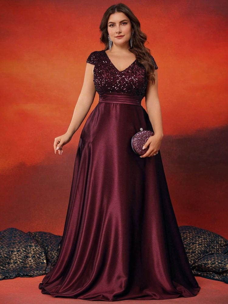 Abito da sera elegante in raso con scollo a V e paillettes, per feste e banchetti, da donna, elegante e raffinato_voghion.com