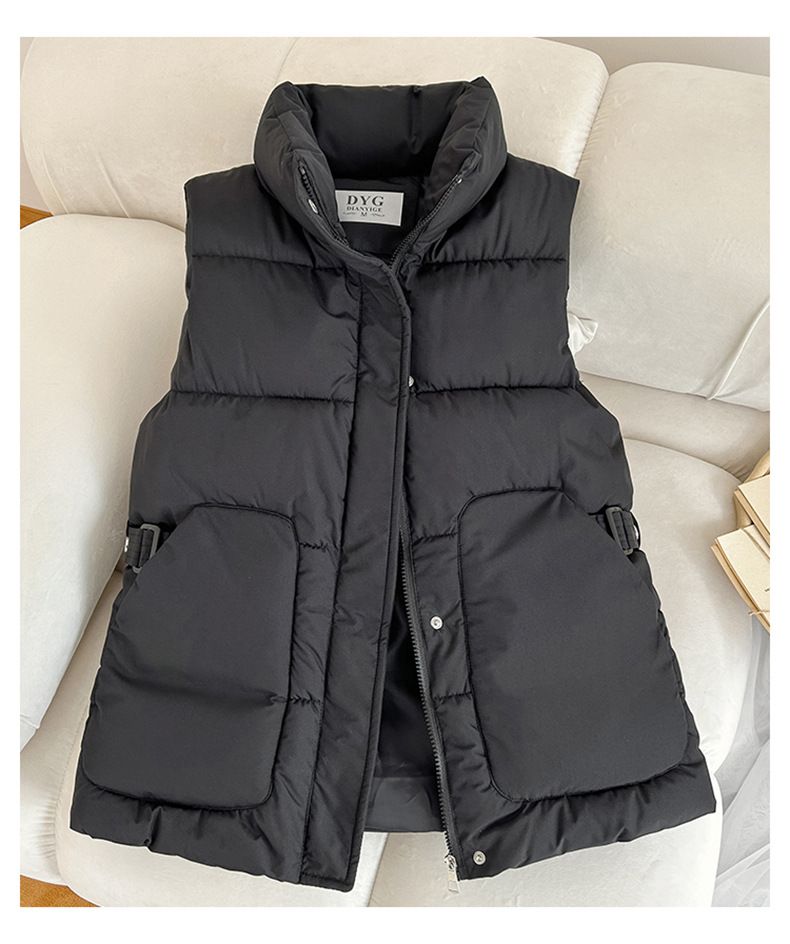 Women's Clothing autumn and winter new women's clothing trend solid color belt fashionable cotton vest fashionable stand up collar flat coat jacket_voghion.com