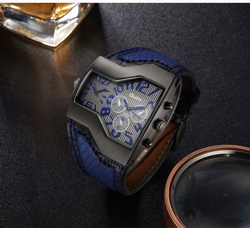 Stilvolle GMT-Uhr für Herren mit zwei Zeitzonen und Lederarmband – japanisches Miyota-Quarzwerk, Mineralglas, tonnenförmiges Gehäuse_voghion.com