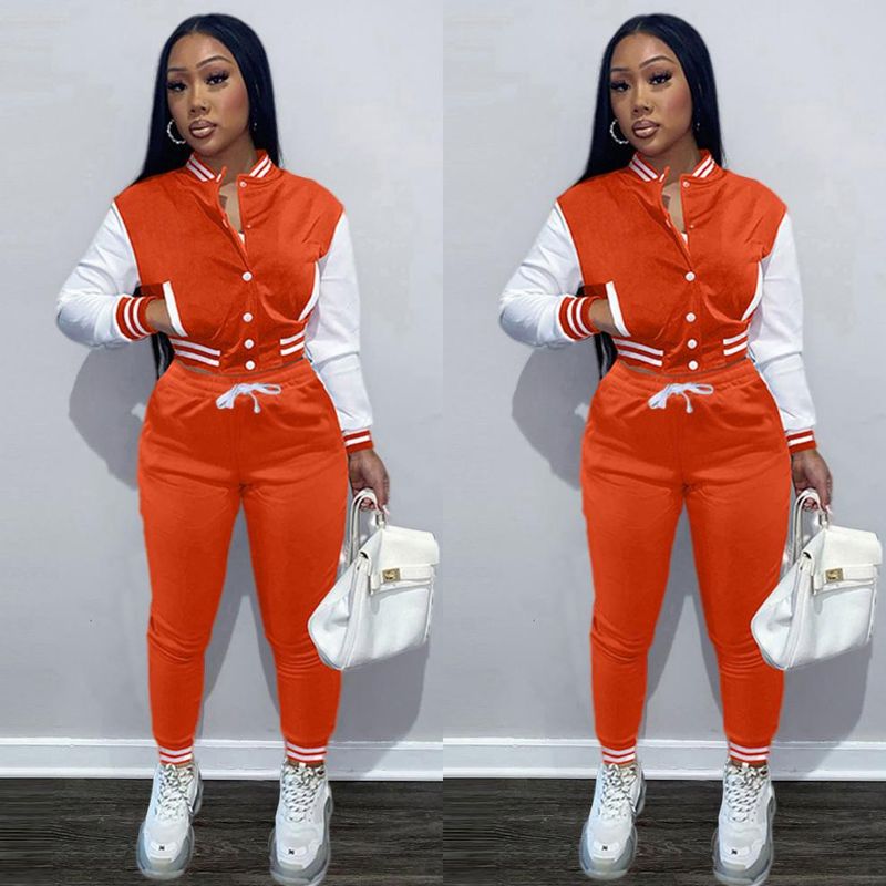 Patchwork Single-Breasted Baseball Jacket Women's Sports Two-Piece Set_voghion.com