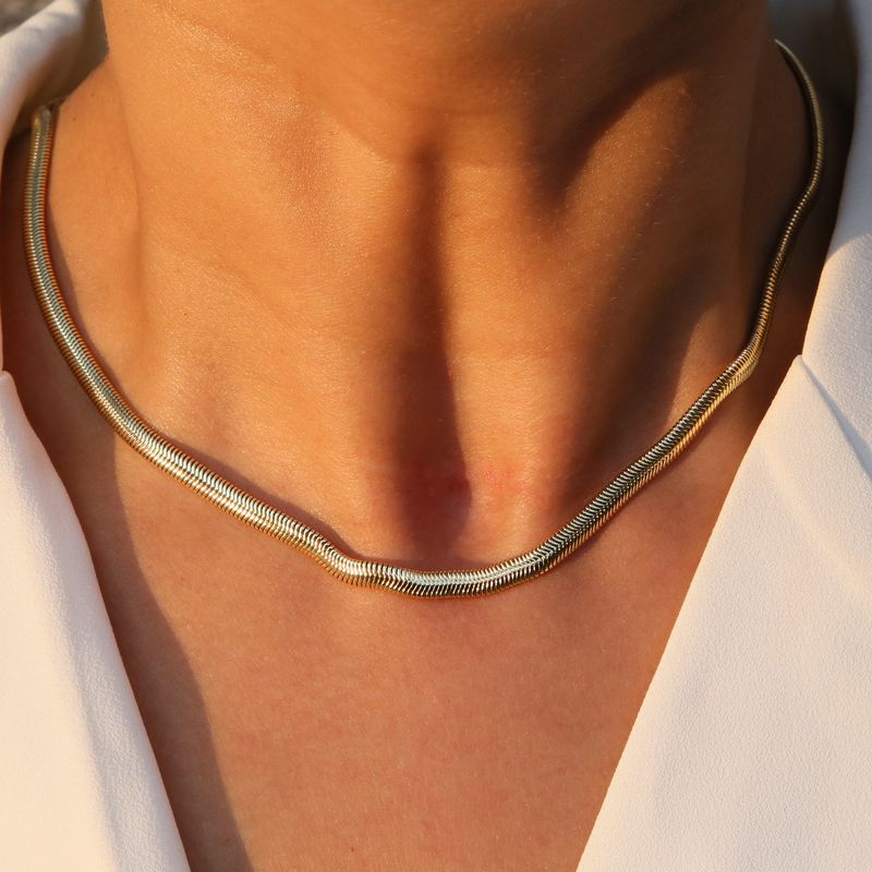 Collier chaîne serpent plate en laiton plaqué or 18 carats pour femme, chaîne de clavicule géométrique minimaliste à superposer, pièce tendance_voghion.com
